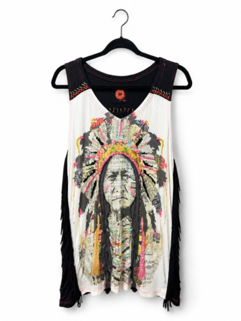 Double D Ranch 1X Fringe Graphic Tank Top Boho Western Native American Print